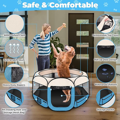 45" Foldable Pet Playpen for Large Dogs, HOMAGICO Pet Playpen for Indoor Cats Enclosed, Portable Dog Playpen Outdoor Tent Crate with Carrying Case, Water-Resistant and Removable Shade Cover, Blue