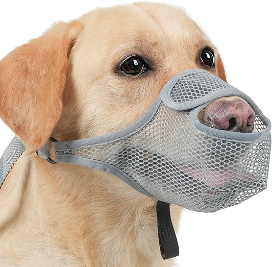 LUCKYPAW Dog Muzzle for Large Medium Small Dogs, Mesh Muzzle for Dog to Prevent Biting Chewing Licking Eating, Soft Dog Muzzle with Front Opening Design for Drinking Panting (Grey, S)