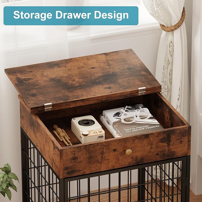 Dog Crate Furniture, Wooden Dog Crate End Table,Dog Kennel with Drawer Indoor, Furniture Dog Crate Side Table for Small Dogs