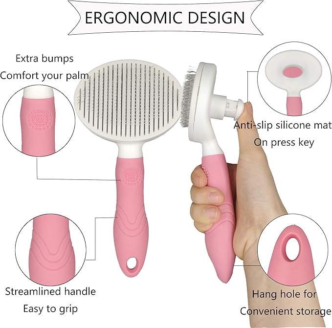 KIRTI Self Cleaning Slicker Brush for Dogs and Cats, Pet Grooming Hair Brush with Pin, Removes Shedding Tangled Hair and Massage Pink