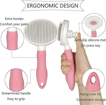 KIRTI Self Cleaning Slicker Brush for Dogs and Cats, Pet Grooming Hair Brush with Pin, Removes Shedding Tangled Hair and Massage Pink