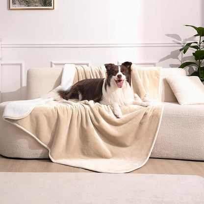 gogobunny Waterproof Bed Blanket, Reversible Sherpa Fleece Throw Blanket for Dog Puppy Cat, Furniture Cover Protects Bed Couch Sofa from Liquid Pee and Pet Fur (Beige, 50x60 inches)