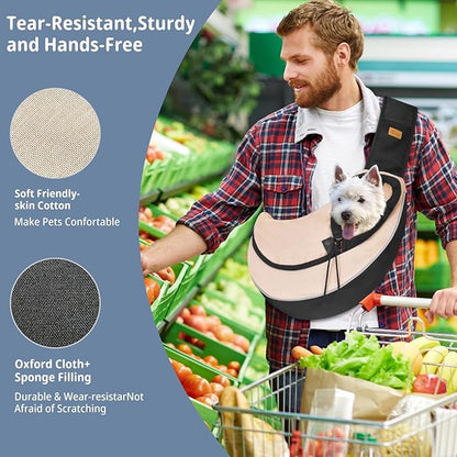 Cuby Pet Sling Carrier for Small Dogs Cats,Drawstring & Zipper Security Hook Triple Design for Pets' Securty Dog Bag,Breathable Travel Puppy Sling Carrier with Adjustable Strap(Beige,L(9.5-13.5 lbs))