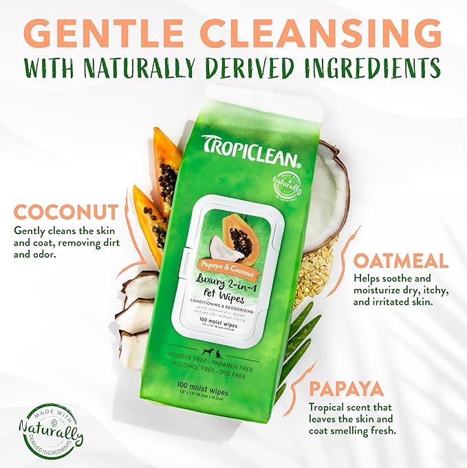 TropiClean Papaya & Coconut Dog Wipes for Paws and Butt | Deep Cleaning Dog Grooming Wipes | Safe for The Face | Cat Friendly | 400 Count