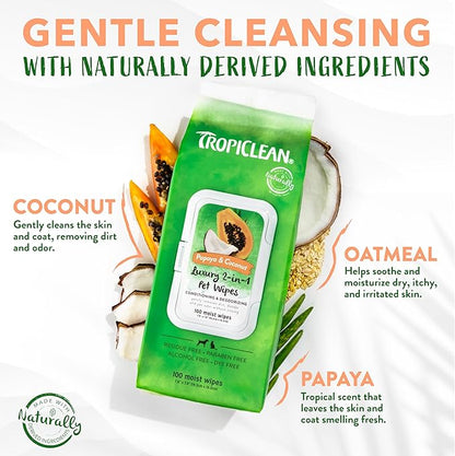 TropiClean Papaya & Coconut Dog Wipes for Paws and Butt | Deep Cleaning Dog Grooming Wipes | Safe for The Face | Cat Friendly | 400 Count