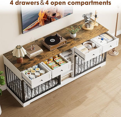 82” Double Dog Crate Furniture, Large Dog Kennel Indoor for 2 Dogs, Heavy Duty Wooden Dog Crate TV Stand with 4 Drawers and Shelves, White