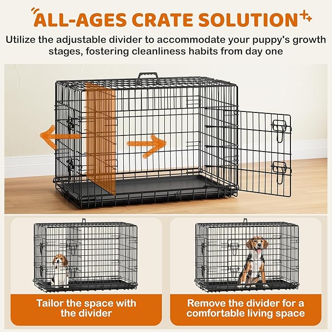 Yaheetech 36 inch Double Door Dog Crate w/Divider for Puppy, Collapsible Metal Dog Kennel with Removable Tray, Portable Travel Cage, Black