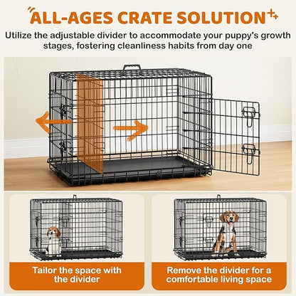 Yaheetech 36 inch Double Door Dog Crate w/Divider for Puppy, Collapsible Metal Dog Kennel with Removable Tray, Portable Travel Cage, Black