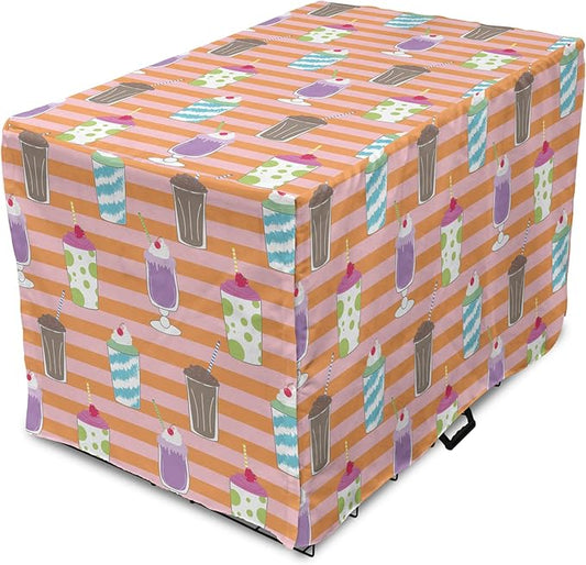 Lunarable Drinks Dog Crate Cover, Colorful Ice Cream Milkshake Creamy on a Striped Background, Easy to Use Pet Kennel Cover for Medium Large Dogs, 36 Inch, Salmon Pale Pink