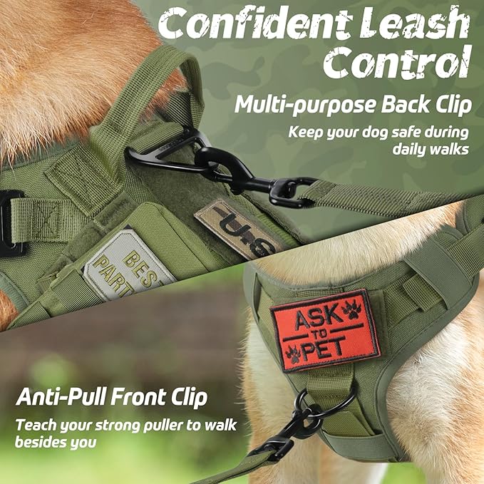 rabbitgoo Tactical Dog Harness for Large Dogs, Heavy Duty Dog Harness with Handle, No-Pull Service Dog Vest Large Breed, Adjustable Military Dog Vest Harness for Training Hunting Walking, Green, M