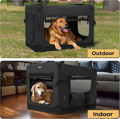 Veehoo 36 inch Folding Soft Dog Crate, 4-Door Portable Collapsible Pet Kennel Travel Dog Crate for Large Dogs, 5 x Durable Mesh Screen, 600D Oxford Fabric, Indoor & Outdoor Use, Black, CWB2428CP