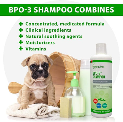 Vetoquinol BPO-3 Shampoo for Dogs, Cats & Horses (3% Benzoyl Peroxide) – 16oz – Deep Cleaning, Medicated Shampoo Opens & Flushes Hair Follicles – Degreases Oily Coats – Soothes Red, Flaky, Itchy Skin