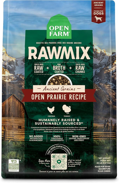 Open Farm RawMix Ancient Grains Prairie Recipe for Dogs, Includes Kibble, Bone Broth, and Freeze Dried Raw, Inspired by The Wild, Humanely Raised Protein and Non-GMO Fruits and Veggies, 20 lb