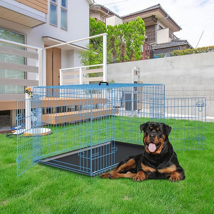 PayLessHere Large Dog Crate Kennel for Medium Large Dogs Metal Dog Cage Double-Door Folding Travel Indoor Outdoor Puppy Playpen with Divider and Handle Plastic Tray (48 Inch, Blue)