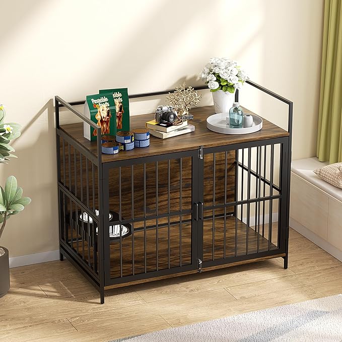 LOVMOR Dog Cage Furniture with Rotating Feeder Bowls, Dog Kennel Indoor with Cushion, Dog Crates for Small and Medium Dogs, 41" L X 23.6" W 35.8" H, Rustic Brown