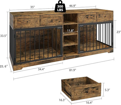 82” Double Dog Crate Furniture, Large Dog Kennel Indoor for 2 Dogs, Heavy Duty Wooden Dog Crate TV Stand with 4 Drawers and Shelves, Brown
