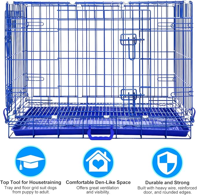 HOMEY PET Blue 30 Inch Dog Crate, Small Dog Kennel Indoor Collapsible Dog Cage Medium Sized Dog Nano-Coated Metal Wire Dog Crates with Removable Floor Grid and Tray, Double Doors Dual Locks, Handle