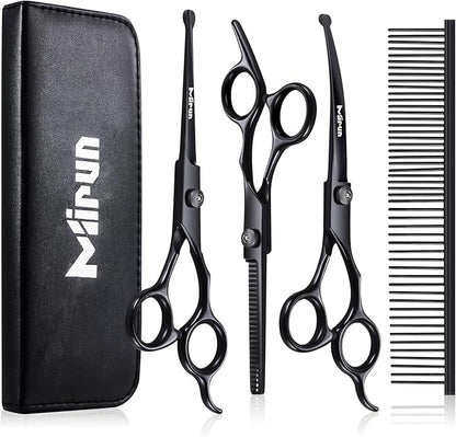 Dog Grooming Kit, 5-in-1 Titanium-plated Stainless Steel Dog Grooming Scissors, Dog Scissors for Grooming with Safety Round Tip, Dog Shears for Grooming & Cats, Sharp & Durable Cat Grooming Kit