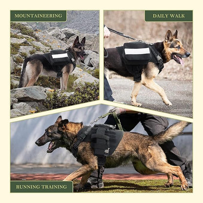 Tactical Dog Harness, Heavy Duty Dog Harness,Adjustable Breathable Pet Harness with MOLLE Panel, Small Pouch, and Bottle Holder,for Medium Dogs, Black M
