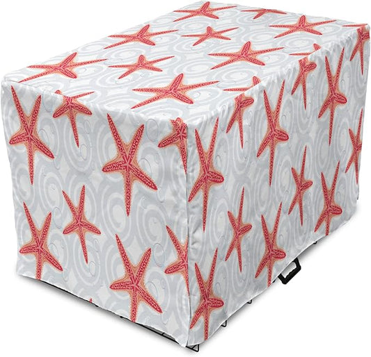 Lunarable Starfish Dog Crate Cover, Tropical Ocean with Sea Bubbles on Wavy Spiral Backdrop, Easy to Use Pet Kennel Cover for Small Dogs Puppies Kittens, 18 Inch, Dark Coral Salmon