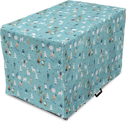 Lunarable Christmas Dog Crate Cover, Winter Games Theme Pattern with Snowman Trees Snowboard Reindeer and Adults, Easy to Use Pet Kennel Cover for Small Dogs Puppies Kittens, 22 Inch, Multicolor