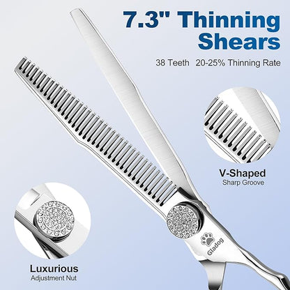 GLADOG Luxury Dog Grooming Scissors Set - 7" Straight, 6.5" Thinning, 7" Chunkers, 7" Curved Dog Shears for Grooming - 9CR Steel, Professional Grooming Kit, Pet Grooming Scissors for Dog and Cats