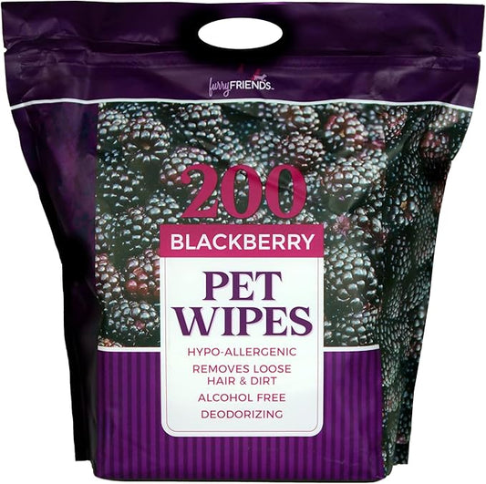 FurryFriends Pet Wipes | BlackBerry | Hypo-allergenic | Alcohol Free| Deodorizing | Removes Loose Hair & Dirt | Incredibly Clean | 200 ct. 1 Pack