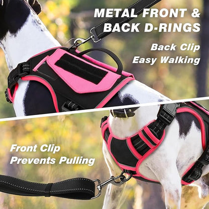 WINGOIN Tactical Dog Harness for Large Dogs, No Pull Harness with Handle Pockets Poop Bag, Reflective Dog Vest, Military Service Heavy Duty Big Dog Harness for Walking Hiking Training, Black Pink, L