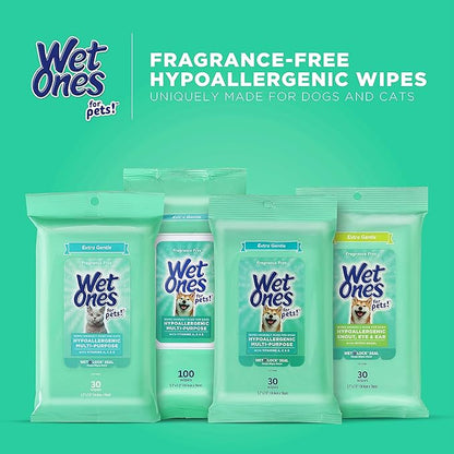 Wet Ones for Pets Hypoallergenic Multi-Purpose Dog Wipes with Vitamins A, C & E | Fragrance-Free Hypoallergenic Dog Wipes for All Dogs Wipes with Wet Lock Seal | 30 Count Pouch Dog Wipes