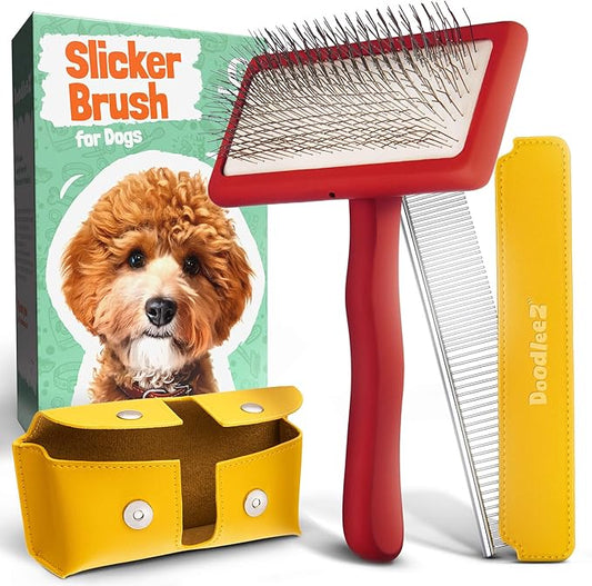 Slicker Brush for Dogs - Doodle Brush - Goldendoodles Labradoodles Bernedoodles - Goldendoodle Must Haves - Poodle Comb and Cases Included - Medium - Red