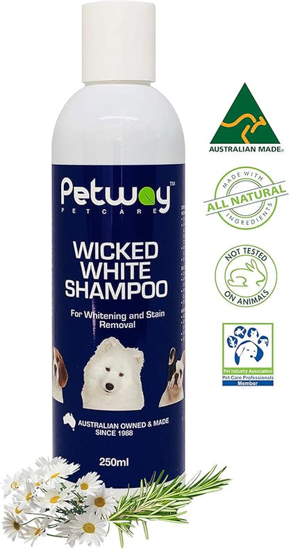 Petcare Wicked White Whitening & Stain Removal Shampoo for Dogs with White Coat, Deep Cleanse to The Coat & Skin, Free of Phosphates & Parabens, pH Balanced, Removes Dirt & Odor, 250ml