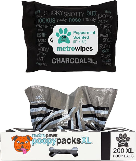 MetroPaws Peppermint Dog Wipes, 25 Extra Large, Thick Cleaning Wipes & Waste Packs XL - 200 Extra Large Dog Bags, Leakproof, Durable Pet Waste Bags for Easy Cleanup [BLACK]