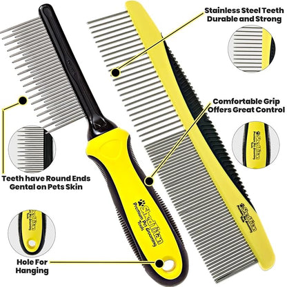 Metal Dog Comb for Matted Hair & Detangler Combs Set - Remove Tangles & Matted Fur - Easy Safe Cat & Dog Combs for Grooming Doodles