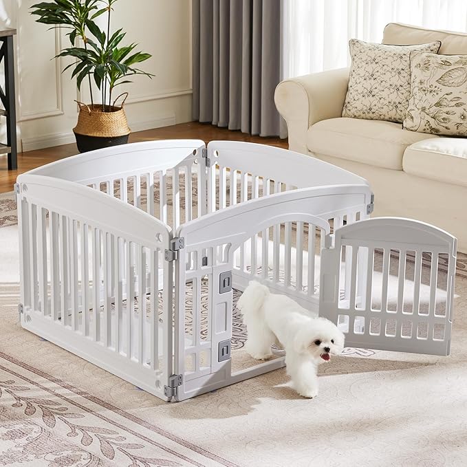 Sweetcrispy Plastic Dog Playpen - 4-Panel 24" Expandable & Durable Pet Fence for Medium Dogs - Indoor & Outdoor Portable Puppy Playpen with Secure Locking Door, White