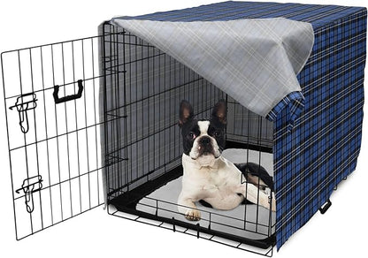 Lunarable Plaid Dog Crate Cover, Classical Old Fashioned Abstract Pattern Design Scottish Country Style, Easy to Use Pet Kennel Cover for Small Dogs Puppies Kittens, 22 Inch, Violet Blue Black White