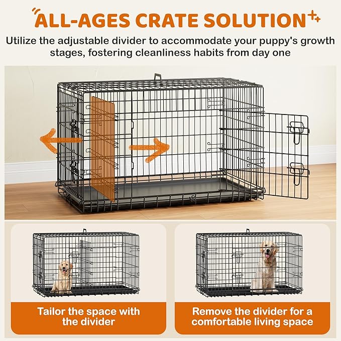 Yaheetech 42 inch Double Door Dog Crate w/Divider for Puppy to Adult XL Collapsible Metal Crate with Removable Tray Wire Dog Kennel for Large Dogs Portable Travel Cage, Black