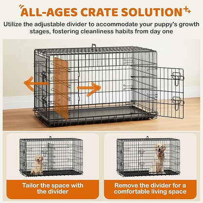 Yaheetech 42 inch Double Door Dog Crate w/Divider for Puppy to Adult XL Collapsible Metal Crate with Removable Tray Wire Dog Kennel for Large Dogs Portable Travel Cage, Black