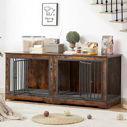Rovibek 75'' Double Dog Crate Furniture for 2 Large Dogs, Heavy Duty Furniture Style Dog Kennel End Table, Wood Crates for Dogs Kennel Indoor Double Door, Brown