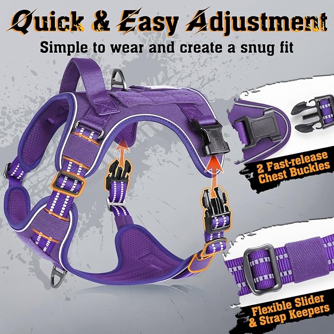 rabbitgoo Dog Harness for Large Dogs No Pull, Tactical Service Dog Vest with Molle and Control Handle, Adjustable and Reflective Military Pet Harness for Easy Walking and Training, Purple, L