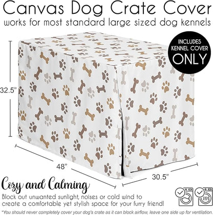Sweet Jojo Designs Bone Paw Print Dog Crate Cover – Kennel Covers for 48 Inch Pet Cage Large - Neutral Grey Taupe Brown Modern Off White Gray Tan Puppy