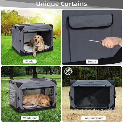 Pettycare 42 Inch Collapsible Dog Crate with Curtains Travel Dog Crate for Airflow and Calm Soft Pet Kennel with Portable Bag and More Chew Proof Mesh Indoor & Outdoor Grey 4 Door Curtains