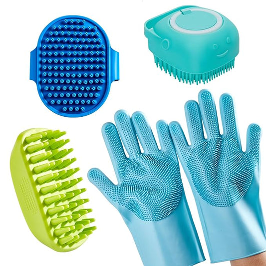 4-Piece Rubber Pet Grooming Kit for Dogs and Cats - Gentle Deshedding Brush & Massage Gloves, Suitable for Short & Long Hair, Bathing and Shedding Tool（3 * Blue+Green）