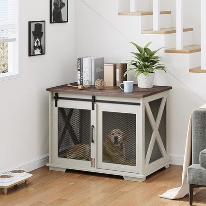 GAOMON 37'' Sliding Barn Door Dog Crate Furniture with Flip Top and Movable Divider, Wooden Dog Crate Table, Dog Kennel Side End Table, Furniture Style Large Dog House, White