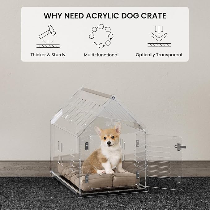 Sumerflos Acrylic Dog House, 24" L x 18" W x 23" H Clear Dog Crate, Modern Indoor Dog Kennel Lockable Ventilated for Most Small Dog Cat Pet