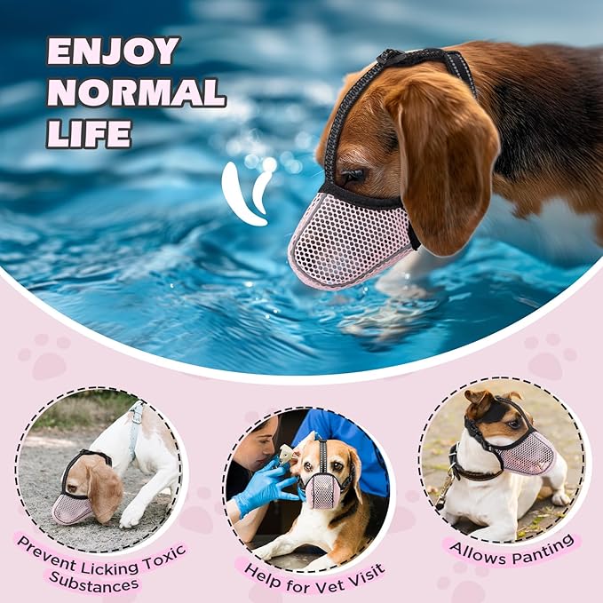 Dog Muzzle,Mesh Soft Muzzle for Small Medium Large Sized Dogs, Breathable Reflective Adjustable Puppy Muzzles with Collar for Scavenging Grooming Biting Chewing,Allows Panting and Drinking(Pink S)
