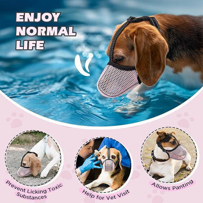 Dog Muzzle,Mesh Soft Muzzle for Small Medium Large Sized Dogs, Breathable Reflective Adjustable Puppy Muzzles with Collar for Scavenging Grooming Biting Chewing,Allows Panting and Drinking(Pink S)