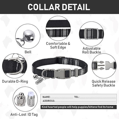 GAMUDA Dog Harness, Collar and Seat Belt Set, Vehicle Safety Harness, Retractable Adjustable Pet Seatbelts with Travel Strap and Carabiner for Most Cars (Black, XS)