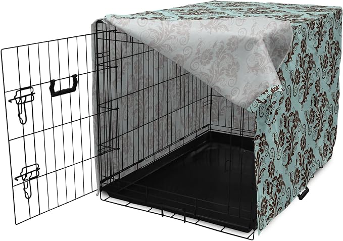 Ambesonne Art Nouveau Dog Crate Cover, Vintage Swirls Vibrant Foliage Damask Style Classic Renaissance, Easy to Use Pet Kennel Cover for Cats & Medium Dogs, 24 Inch, Seal Brown and Pale Blue