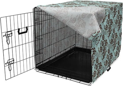 Ambesonne Art Nouveau Dog Crate Cover, Vintage Swirls Vibrant Foliage Damask Style Classic Renaissance, Easy to Use Pet Kennel Cover for Small Dogs Puppies Kittens, 22 Inch, Seal Brown and Pale Blue