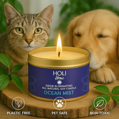 HOLI Pet Odor Eliminator Candle – Ocean Mist Scent – All Natural Soy Wax, Paraben & Phthalate Free, Pet Safe, Long-Lasting 60-Hour Burn, Non-Toxic & Plastic-Free Air Freshener for Home